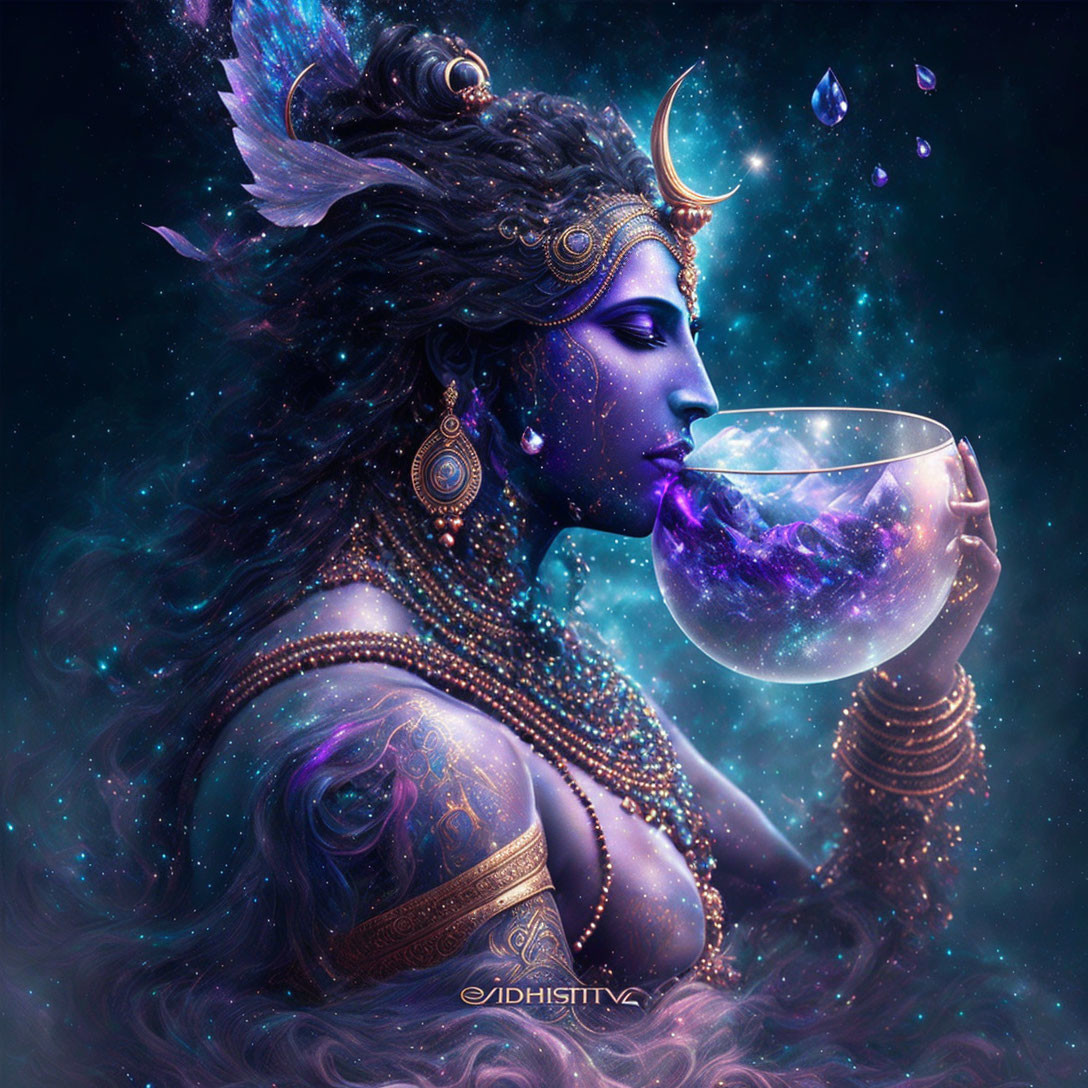 Mystical woman with ornate headgear holding cosmic chalice amidst stars