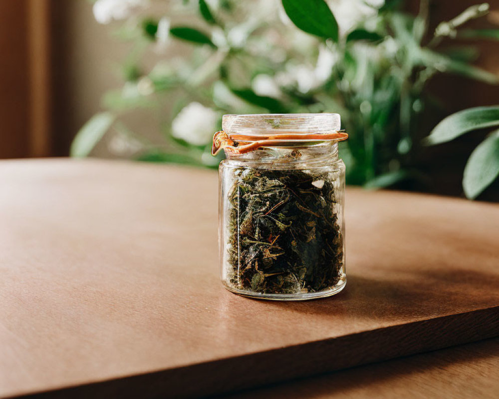 Glass jar filled with dried green tea leaves on wood table with blurred background of white flowers and greenery