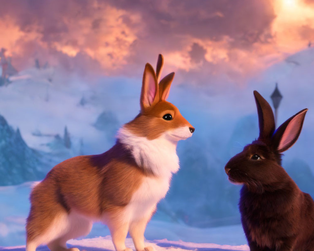 Animated corgi and rabbit in snowy landscape with purple and pink sky