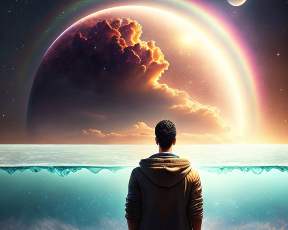 Person admires surreal seascape with massive rainbow, cloud, and celestial body in starlit sky