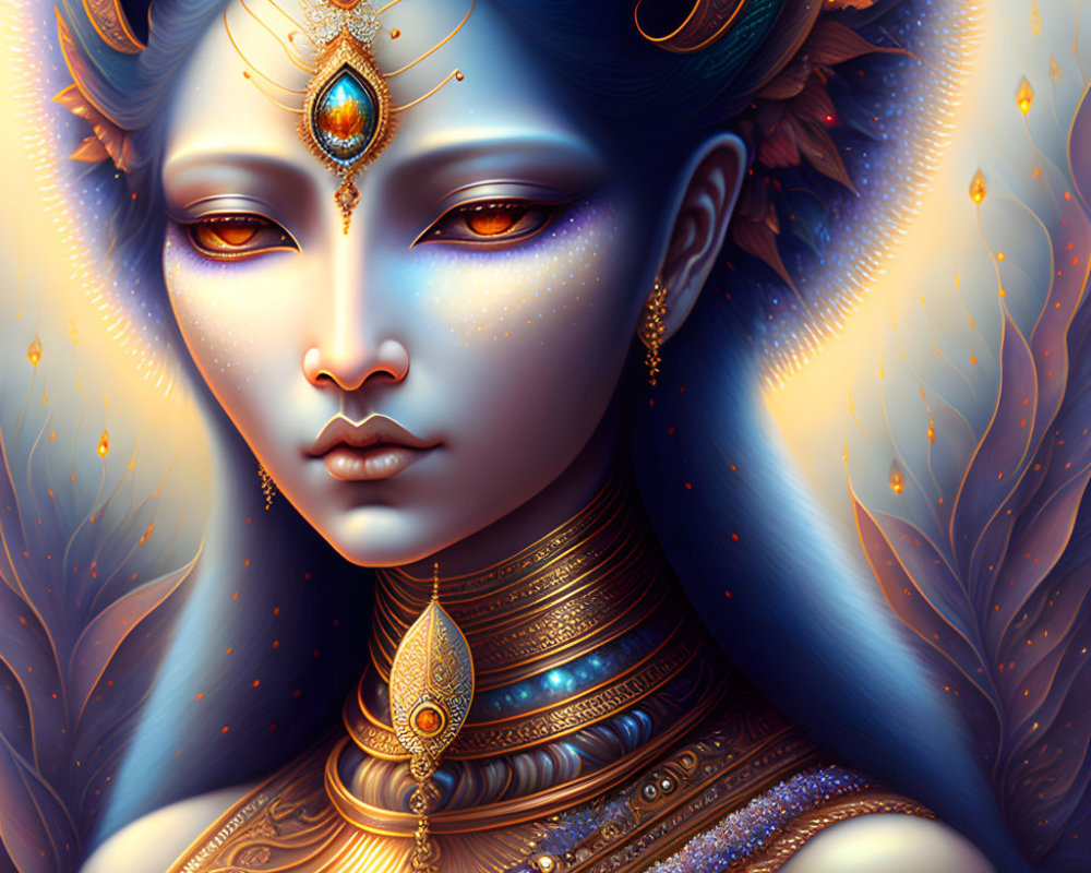 Fantastical female figure with blue skin and golden jewelry on autumnal background