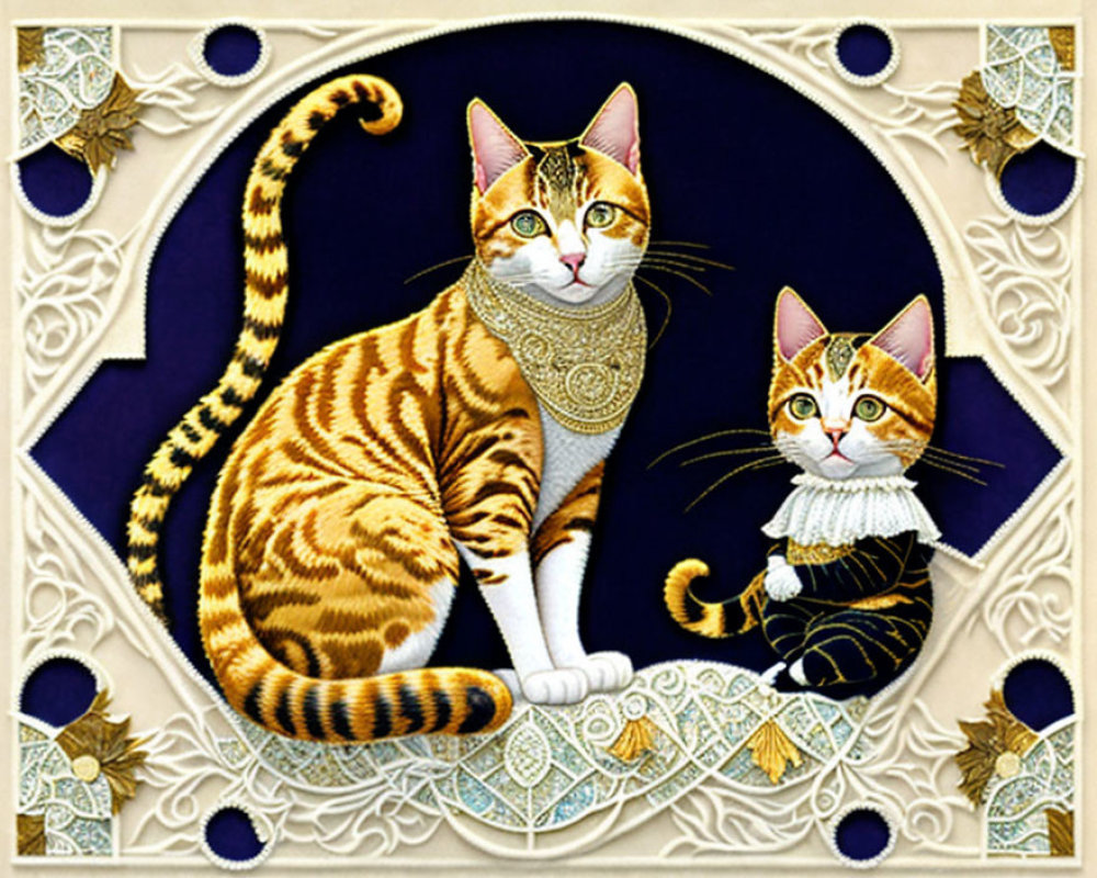 Ornately illustrated cats in human-like clothes on purple background