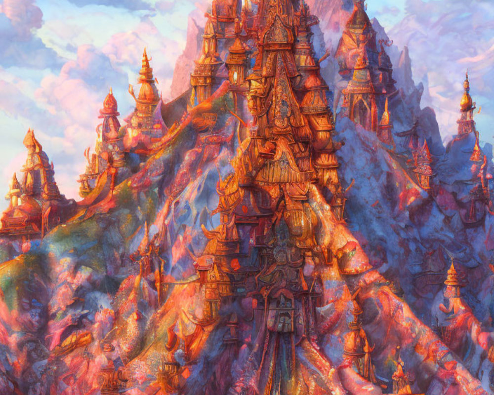 Fantastical mountain landscape with golden temples at sunset