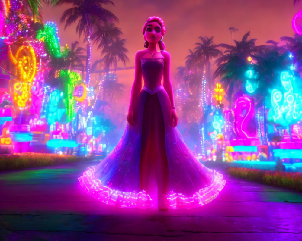 Purple-dressed animated character amid neon signs and palm trees at twilight
