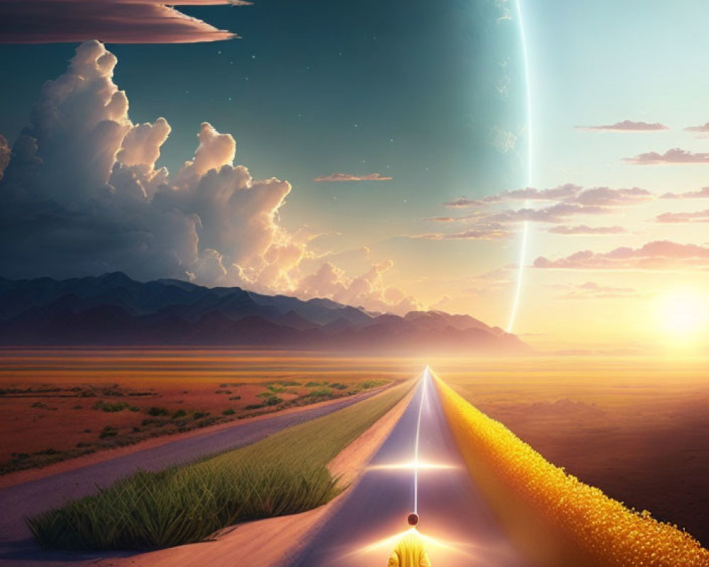 Person in Yellow Shirt on Road Towards Surreal Day-Night Horizon under Massive Planet Arc