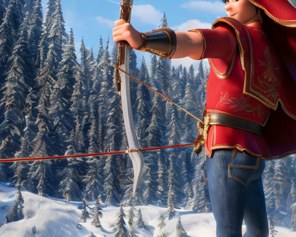Animated character in snowy forest with bow and arrow in medieval attire