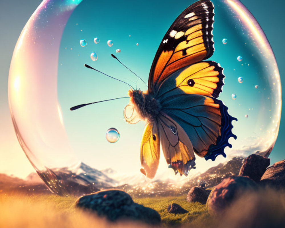 Colorful butterfly near soap bubble over rocky landscape at sunset