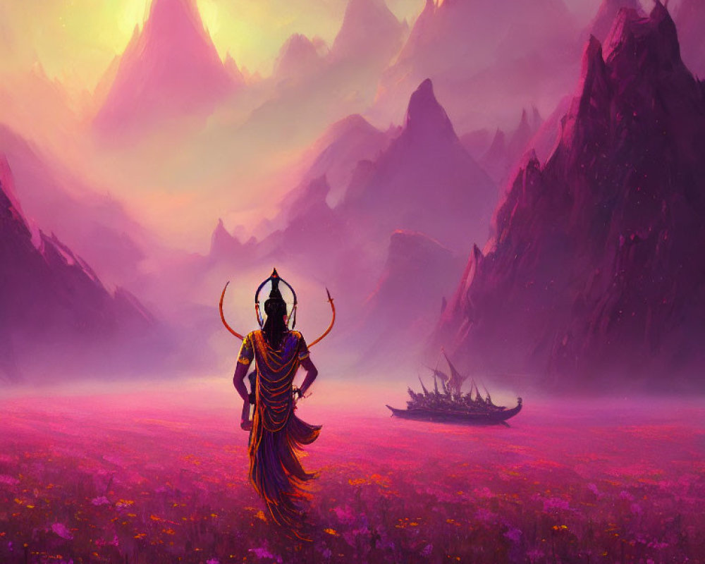 Purple landscape with figure, mountains, ship, and sunset sky