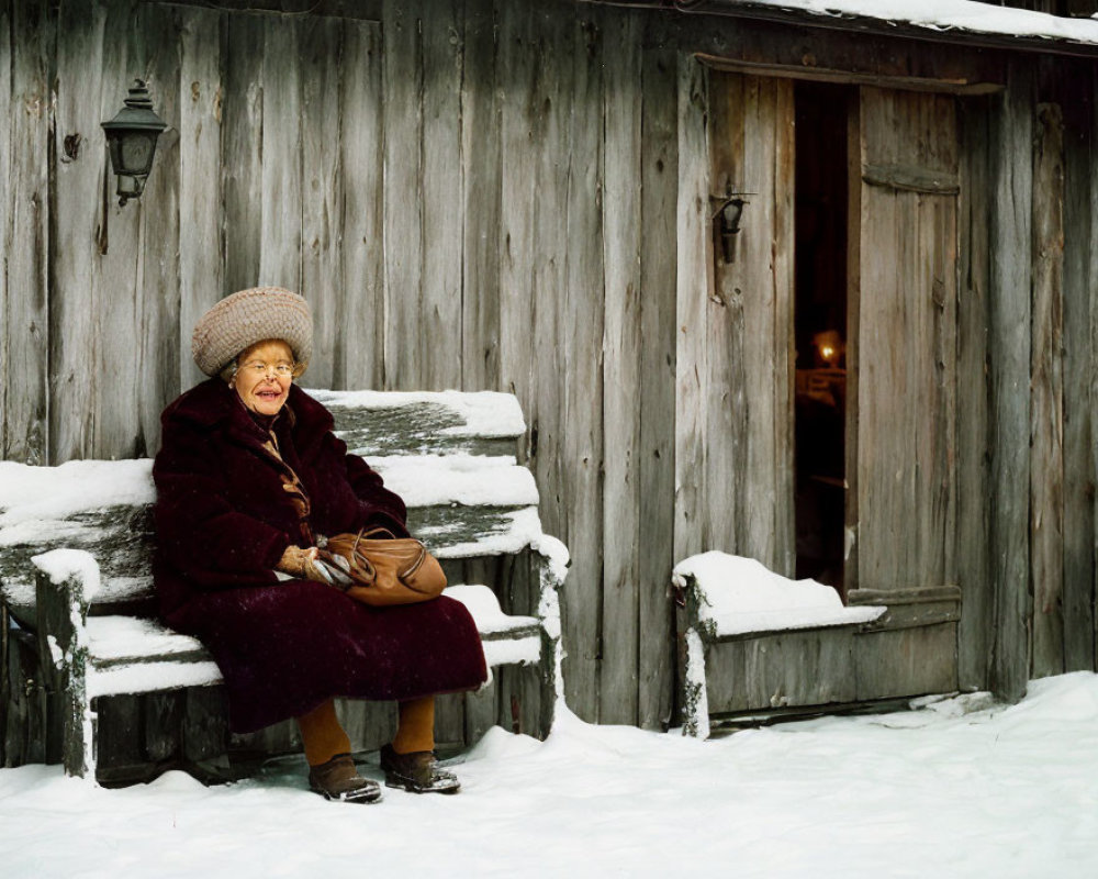 Elderly woman smiling on snow-covered bench by glowing cabin window