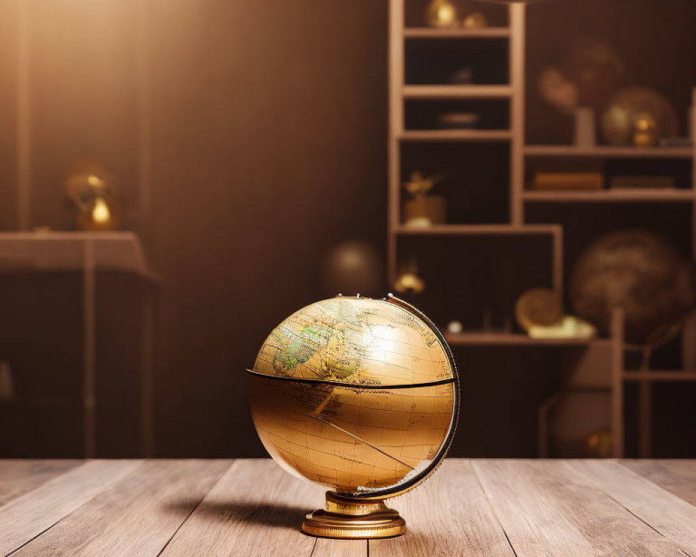 Vintage-style globe on wooden desk with bookshelf and celestial ornaments in blurry background