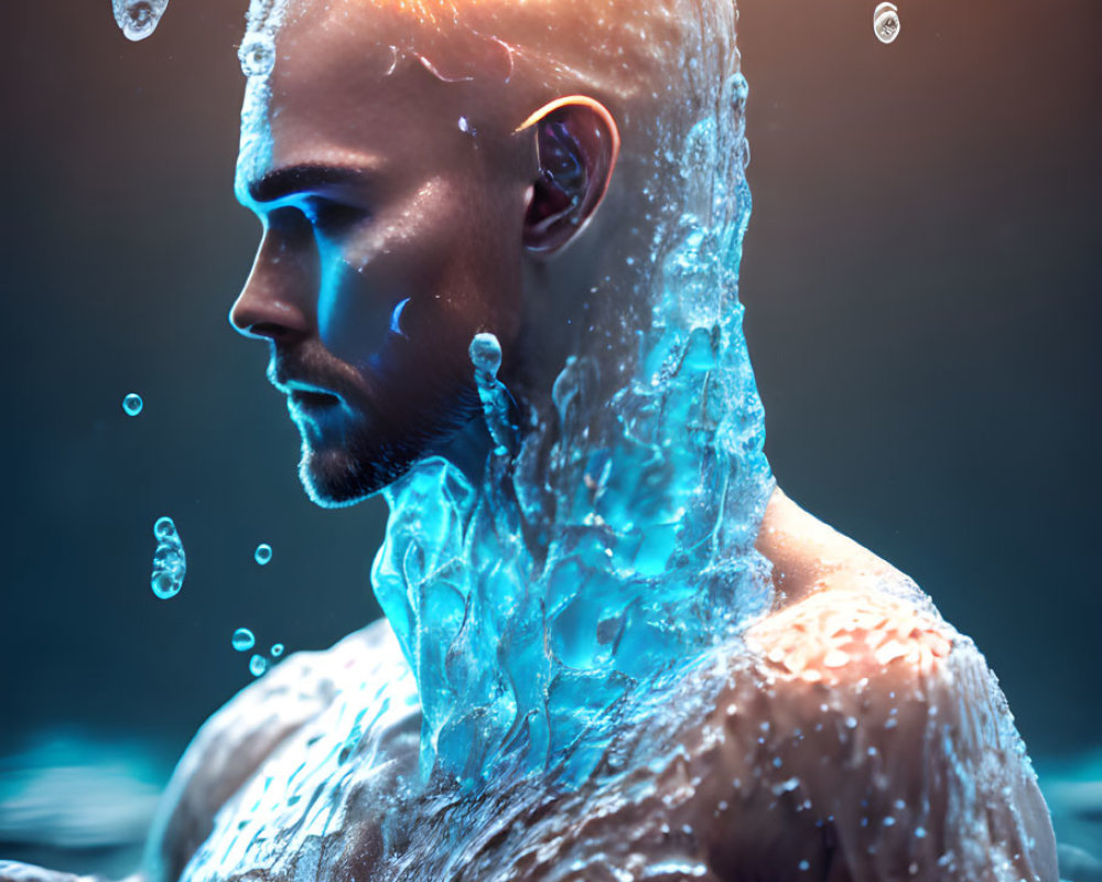 Man Submerged in Water with Cascading Water in Dark Setting