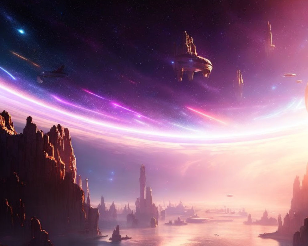 Futuristic sci-fi landscape with rock formations, nebula, and space ships.