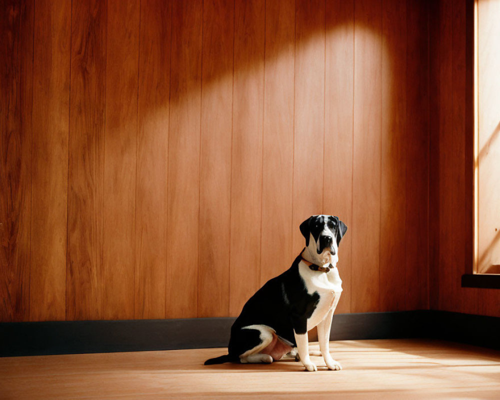 Black and White Dog Sitting on Wooden Floor in Sunlight
