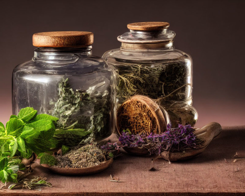 Glass jars with cork lids and dried herbs beside fresh mint on wooden surface