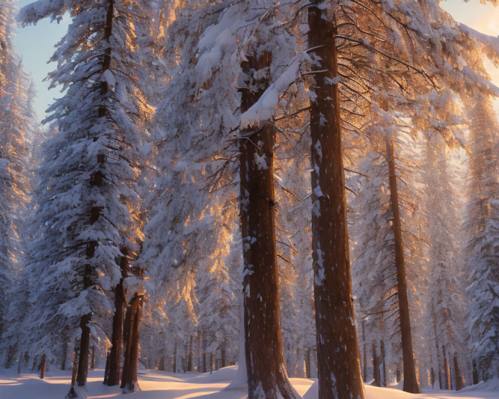 Tranquil forest scene: Snow-covered trees in sunlight