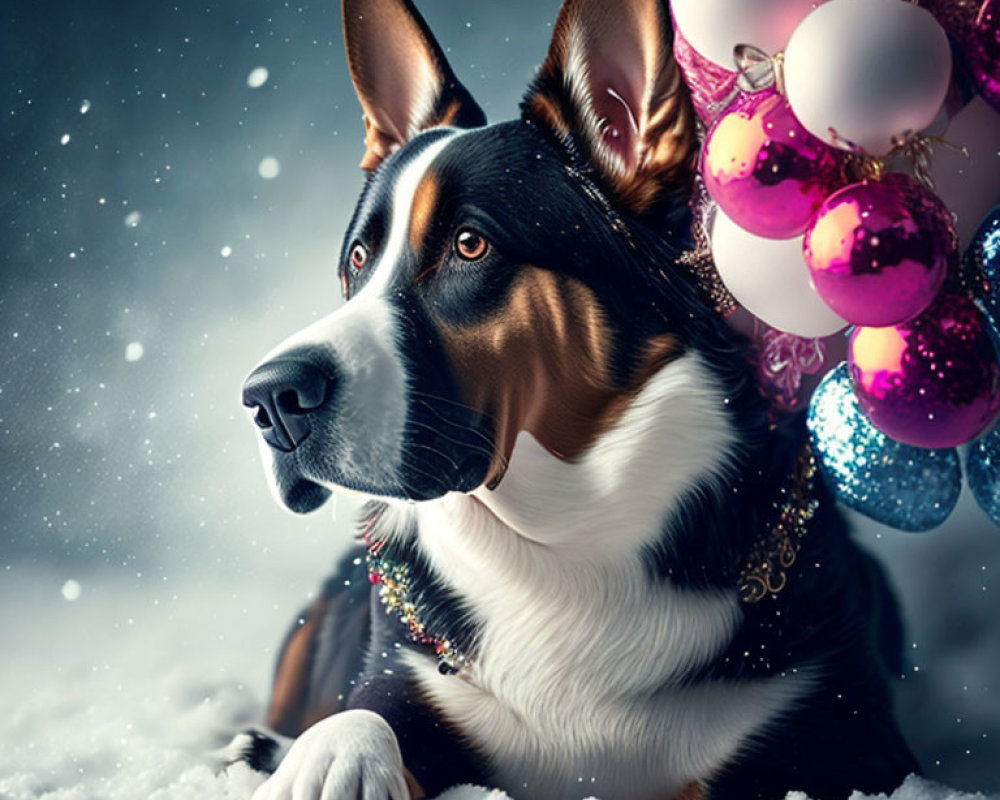 Tricolor dog with festive collar in snow with Christmas ornaments