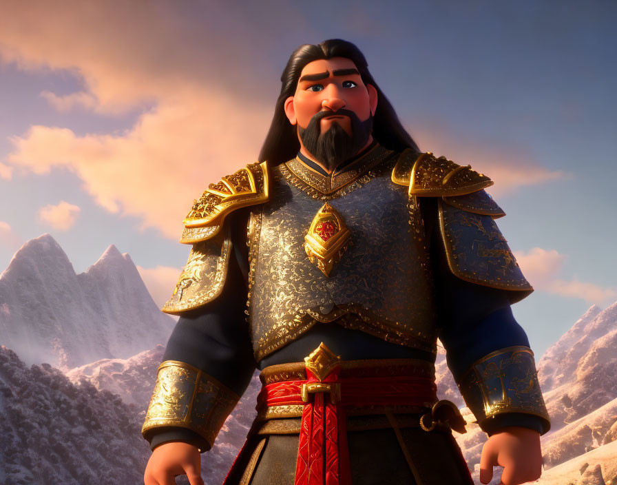 Warrior in Traditional Armor Against Snowy Mountains at Sunset