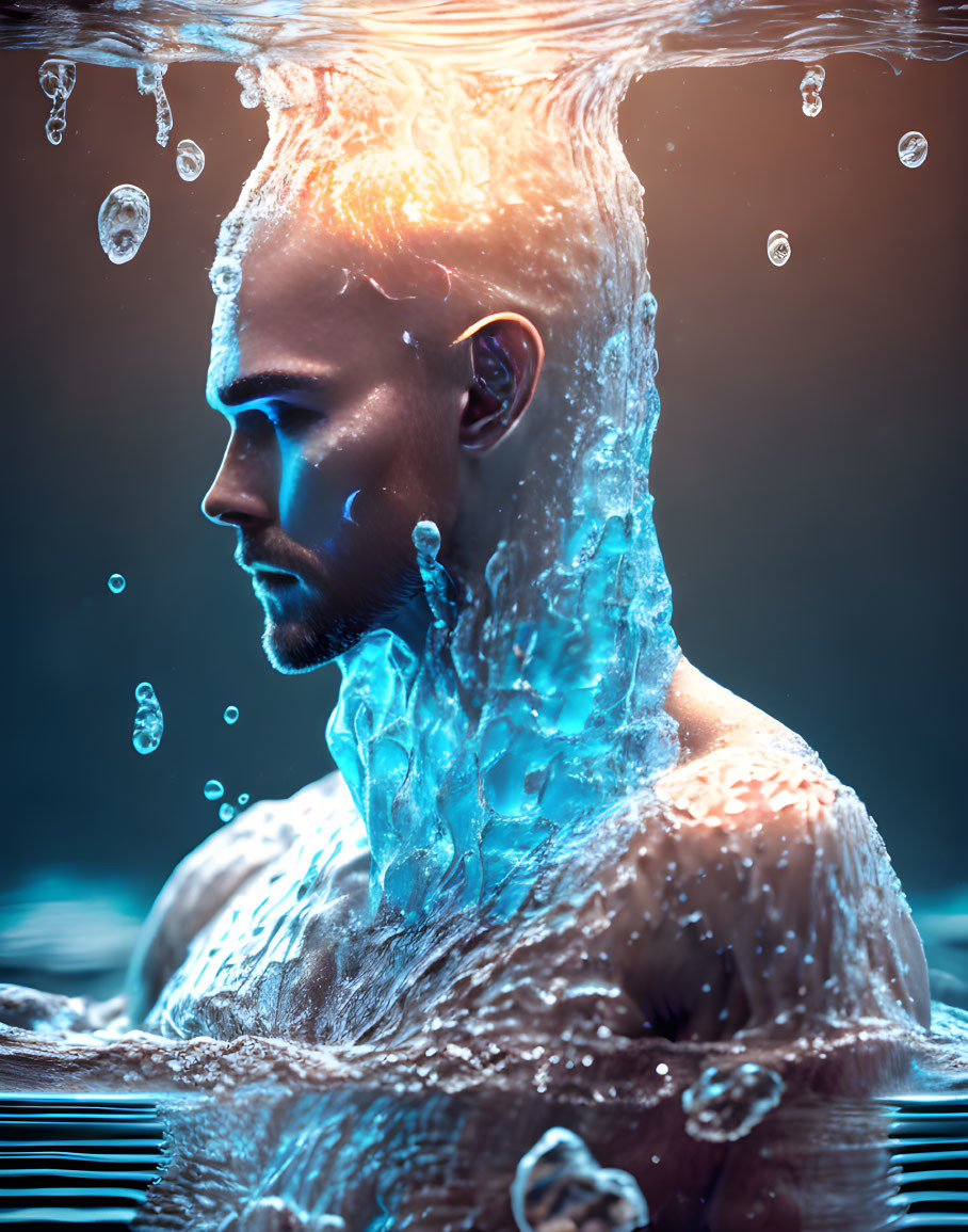 Man Submerged in Water with Cascading Water in Dark Setting