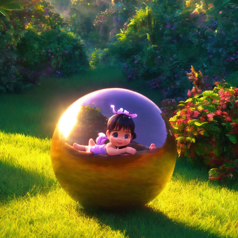 Purple Bow Baby Animated in Clear Bubble in Lush Green Garden