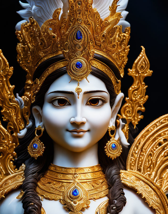 Ornate Hindu goddess statue with golden crown and jewelry on dark background