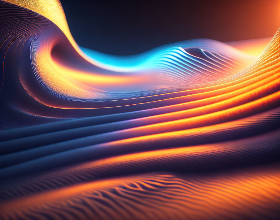 Colorful Digital Artwork: Blue and Orange Abstract Landscape with Flowing Lines