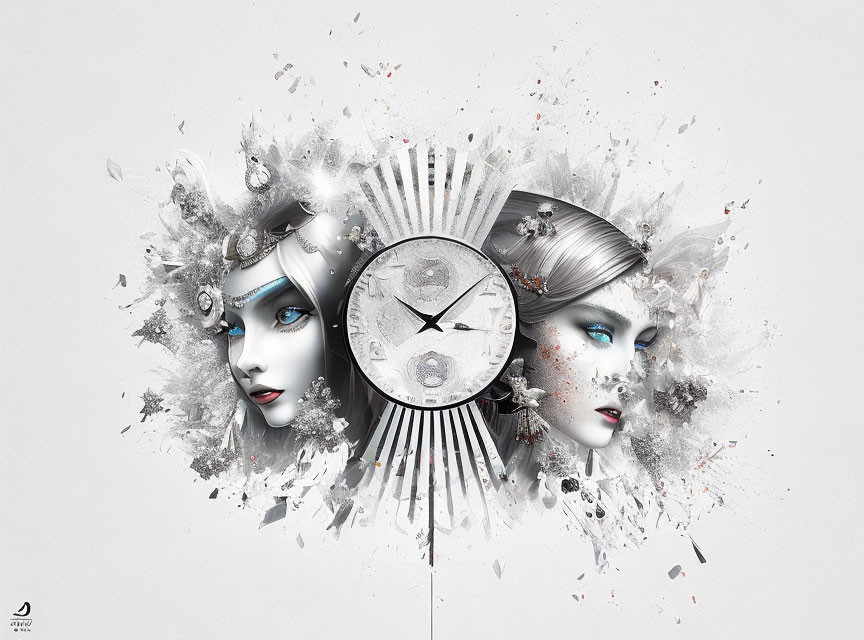 Surreal monochromatic artwork of mirrored female faces with ornate clock and floral details