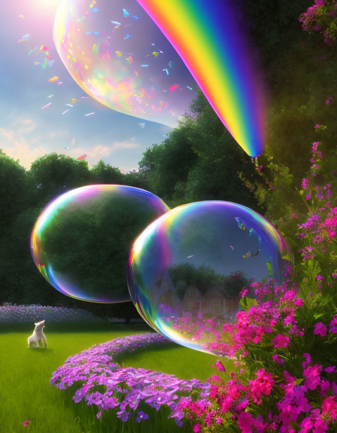 Colorful garden scene with cat, bubbles, and rainbow beam