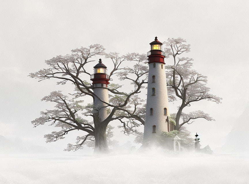 Twin red-topped lighthouses in foggy landscape with trees
