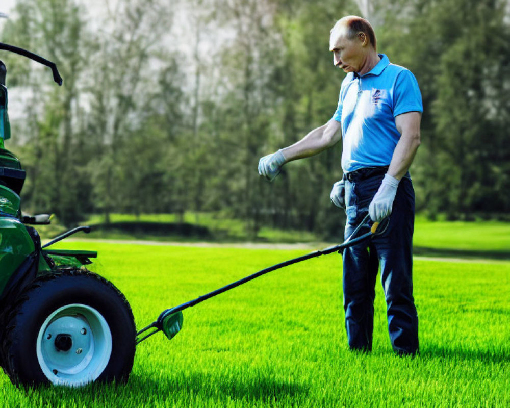 Man in Blue T-shirt Adjusting Lawn Mower on Green Grass
