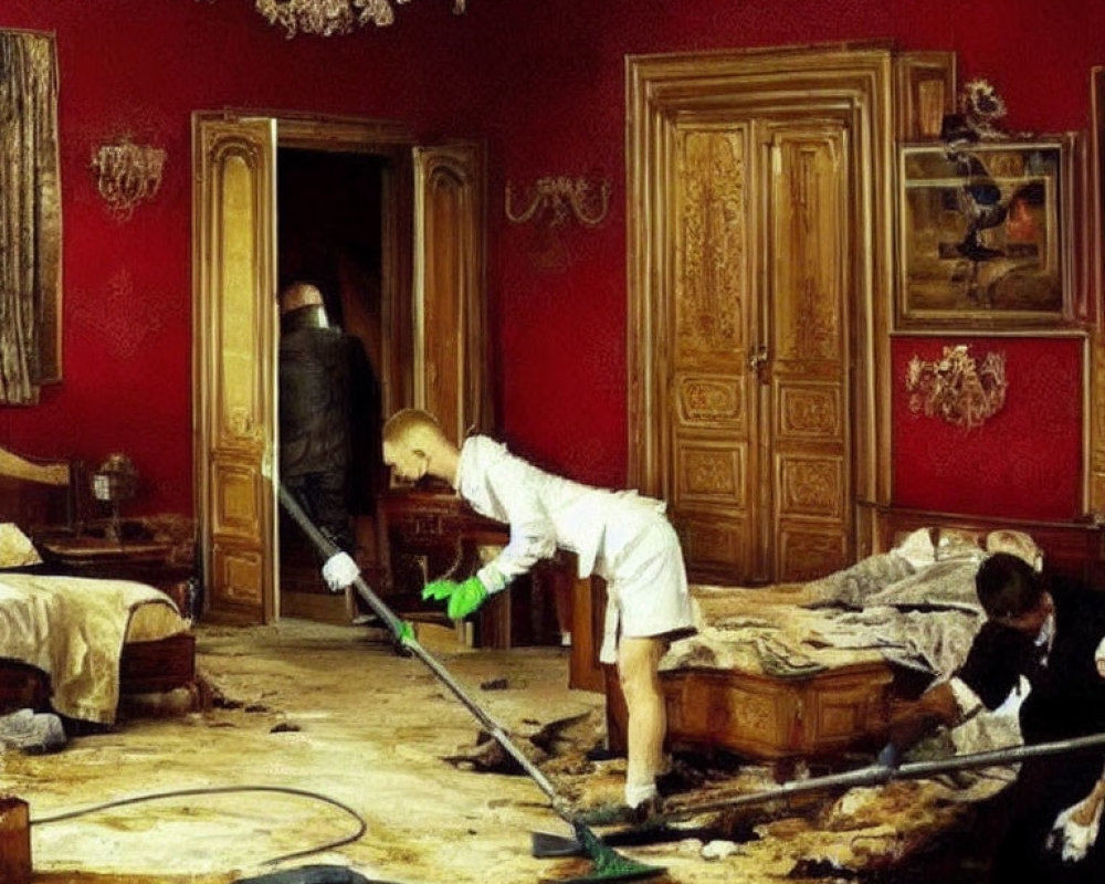 Crime Scene Cleanup in Lavish Room with Red Walls: Protective Gear Workers Amidst Debris