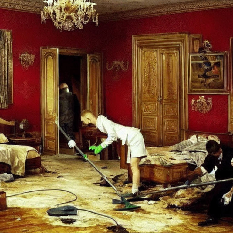 Crime Scene Cleanup in Lavish Room with Red Walls: Protective Gear Workers Amidst Debris