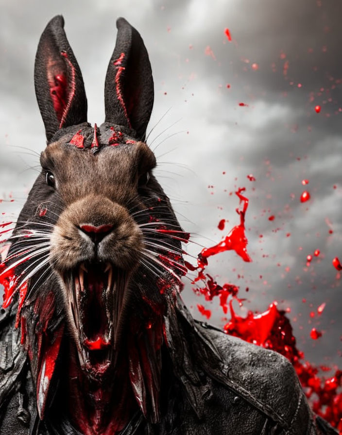 Ferocious rabbit with sharp teeth in red splatters on stormy sky.