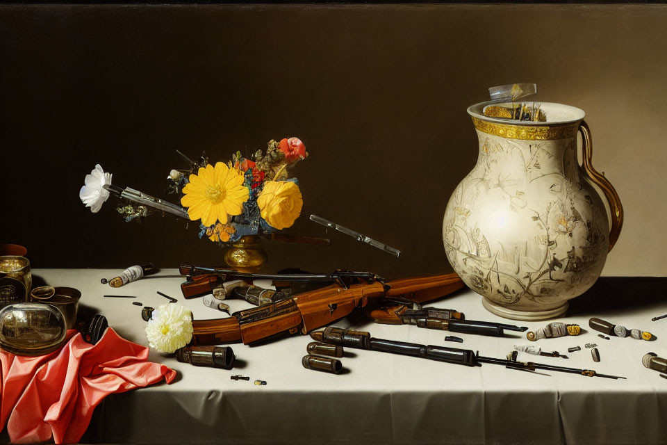 Floral arrangement, Chinese vase, rifles, ammunition, red cloth on table