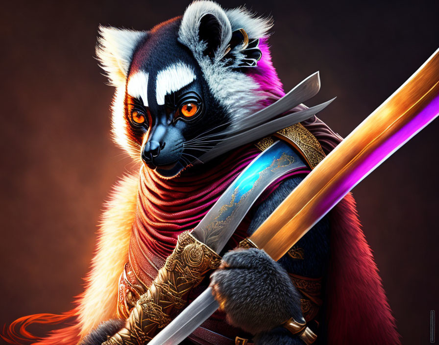 Anthropomorphic raccoon warrior in armor with glowing sword on dark background