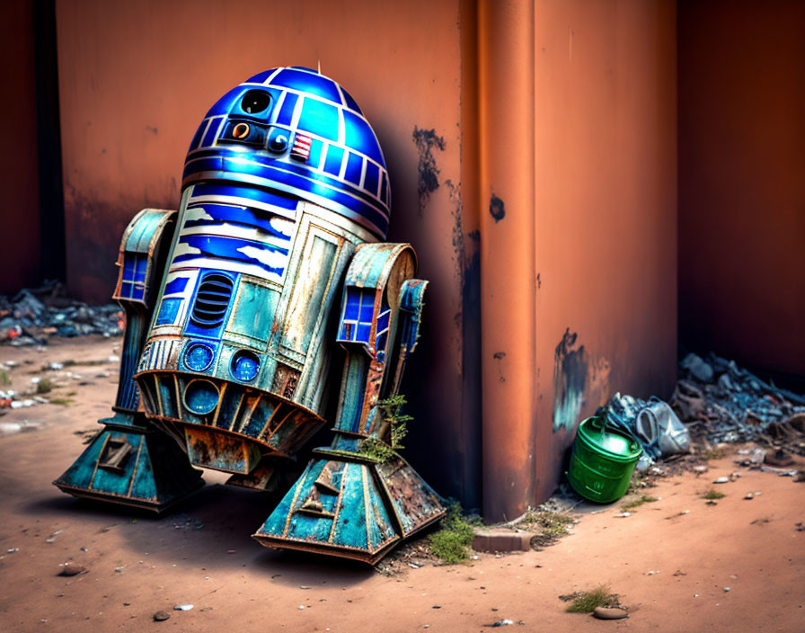 R2-D2 droid on rusty orange wall with green object - abandoned theme