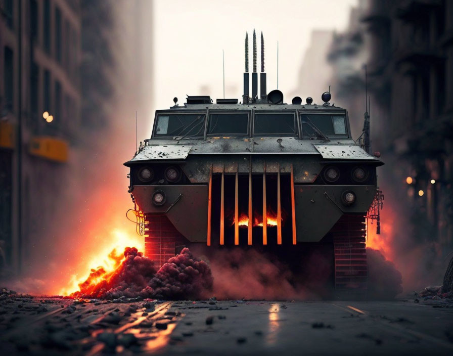 Armored vehicle with spikes and antennas in fiery urban landscape