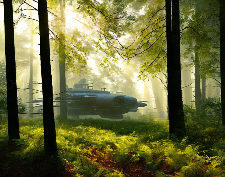 Futuristic aircraft above lush forest with sunlight streaking