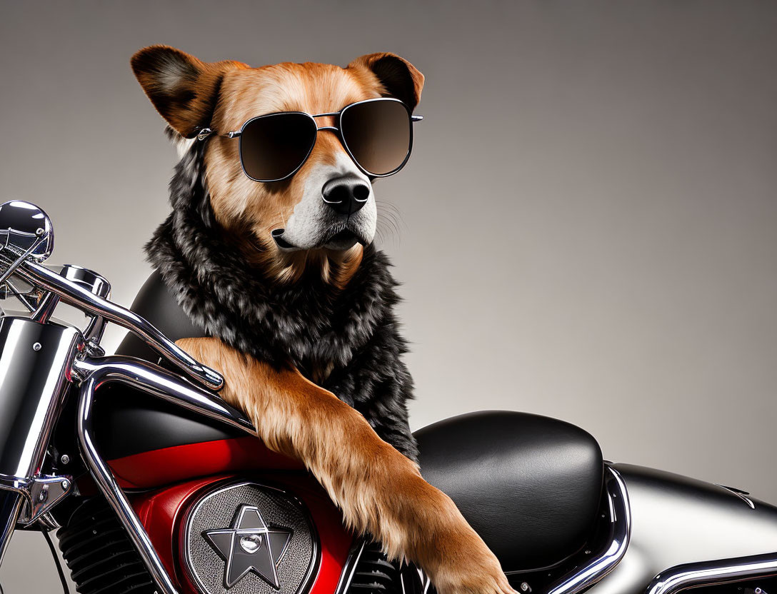 Dog in Sunglasses and Leather Jacket on Motorcycle in Gray Background