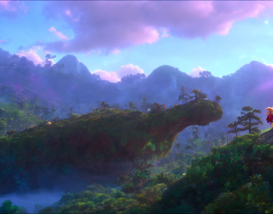Misty mountains and lush greenery under a pink-purple sky