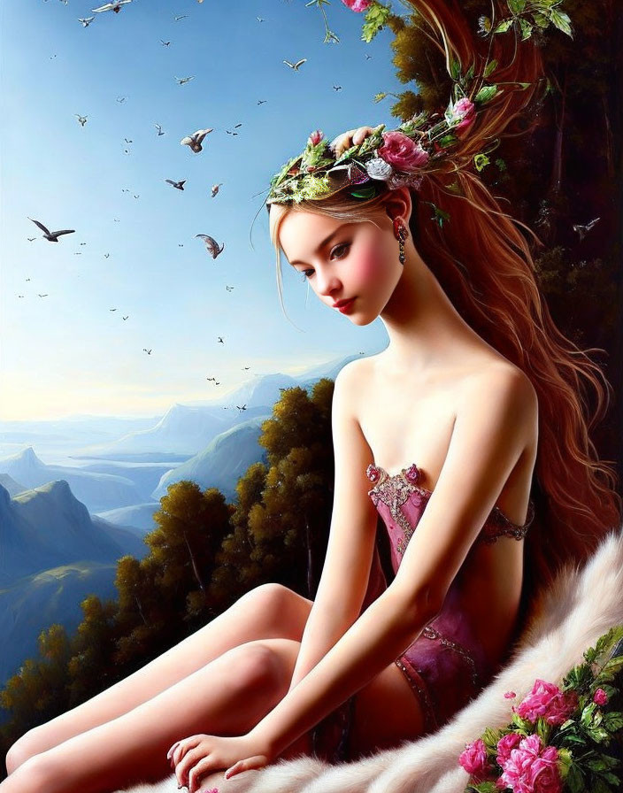 Illustration of woman with floral crown in nature with birds - peaceful and harmonious