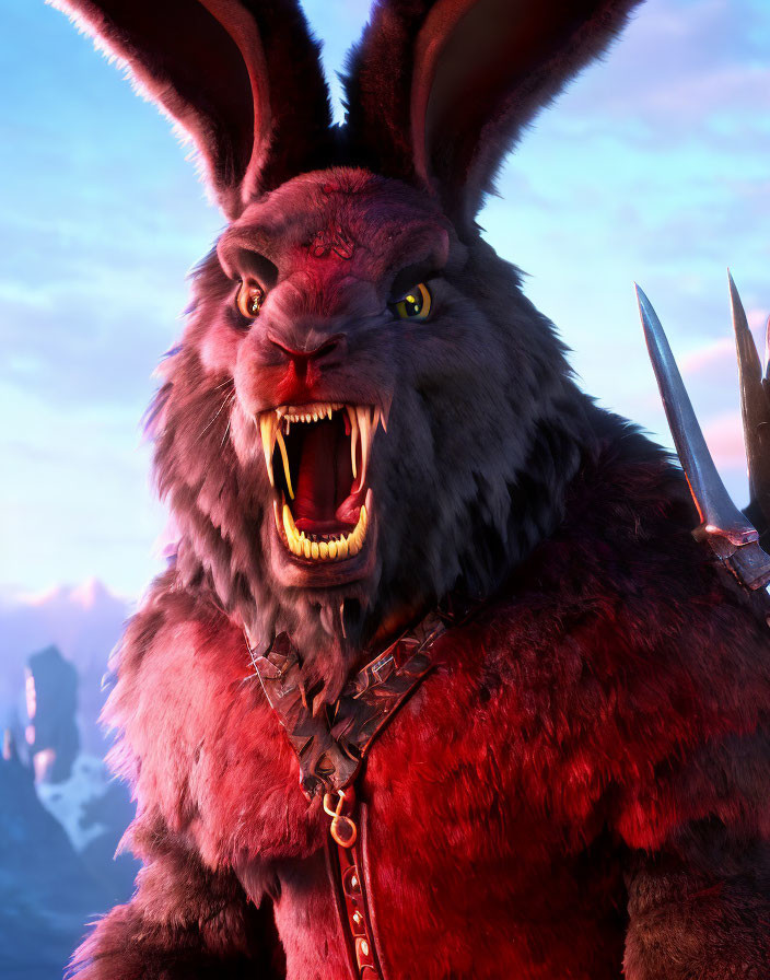 Animated rabbit with fangs in red armor against dusk sky