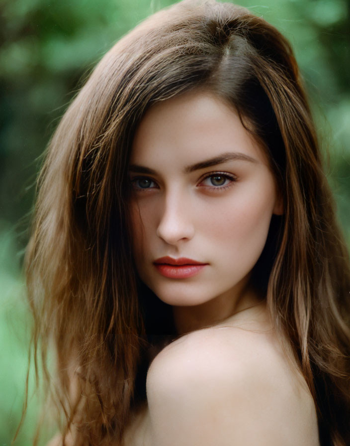 Portrait of woman with long brown hair and striking brown eyes on blurred green background
