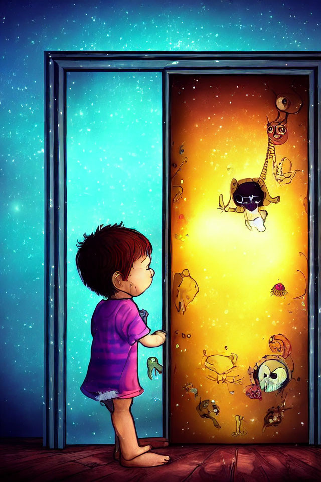 Child gazes into enchanted wardrobe with floating toys and colorful space