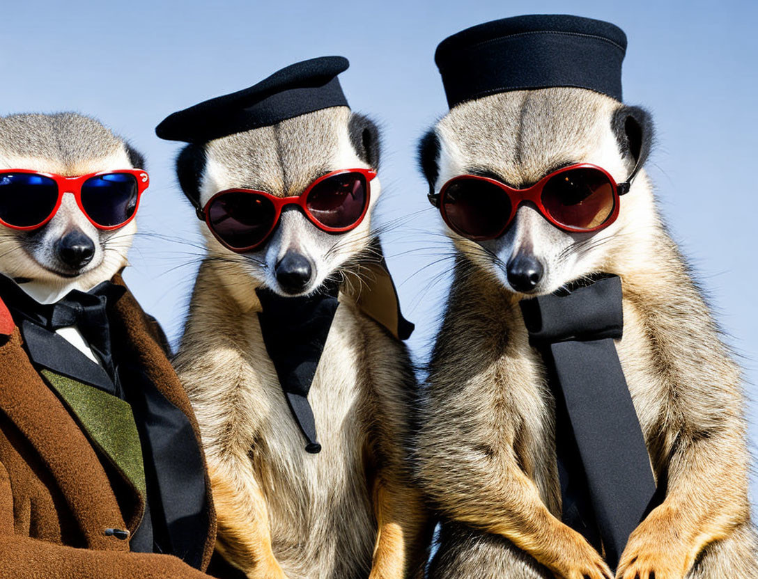 Three Meerkats in Suits and Sunglasses Against Blue Sky