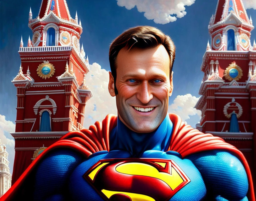 Famous landmark merged with man in Superman costume smiling confidently