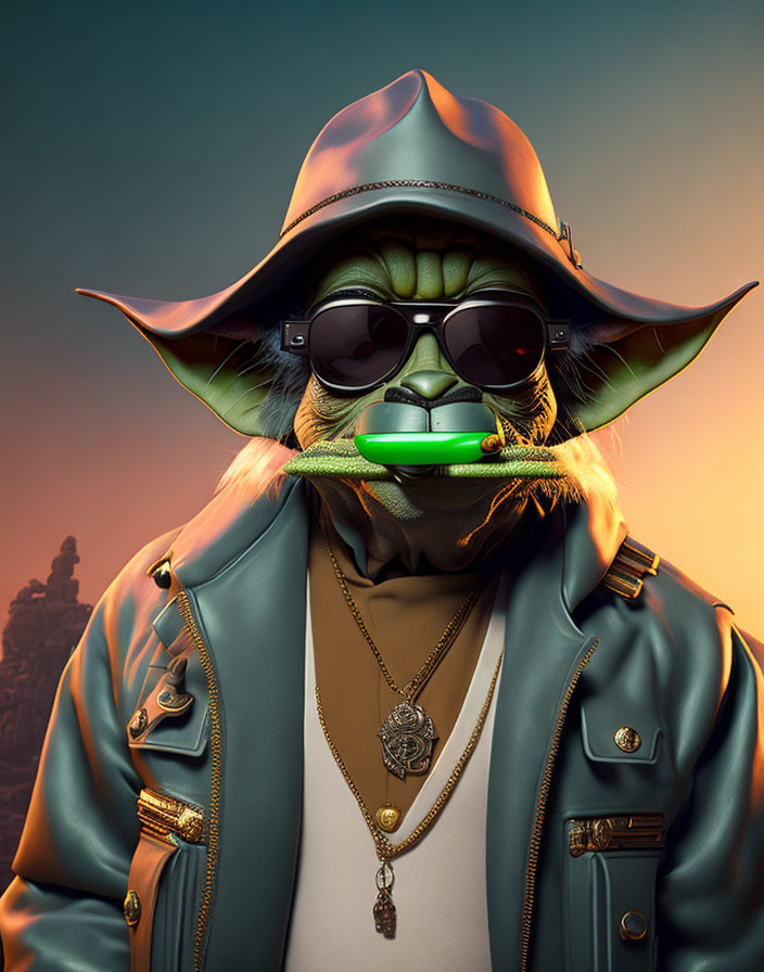 Stylish Yoda with Sunglasses and Leather Jacket on Orange Background
