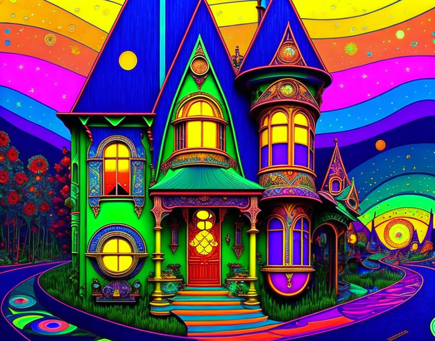 Colorful Whimsical House Illustration with Psychedelic Patterns