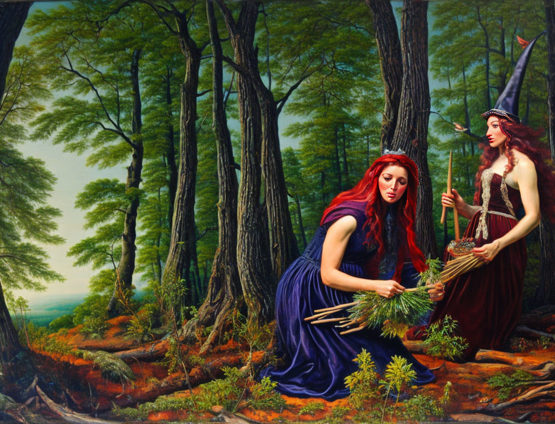 Two women in forest: one in blue dress gathering herbs, the other in brown outfit with pointed hat