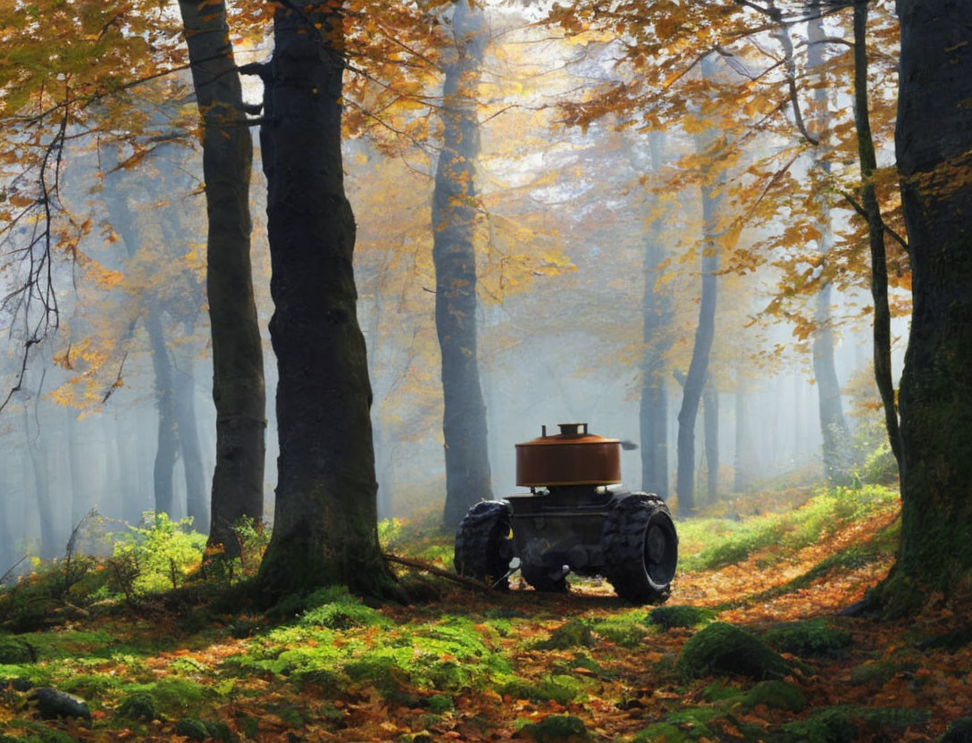 Vintage tractor in misty autumn forest with colorful trees and moss-covered ground