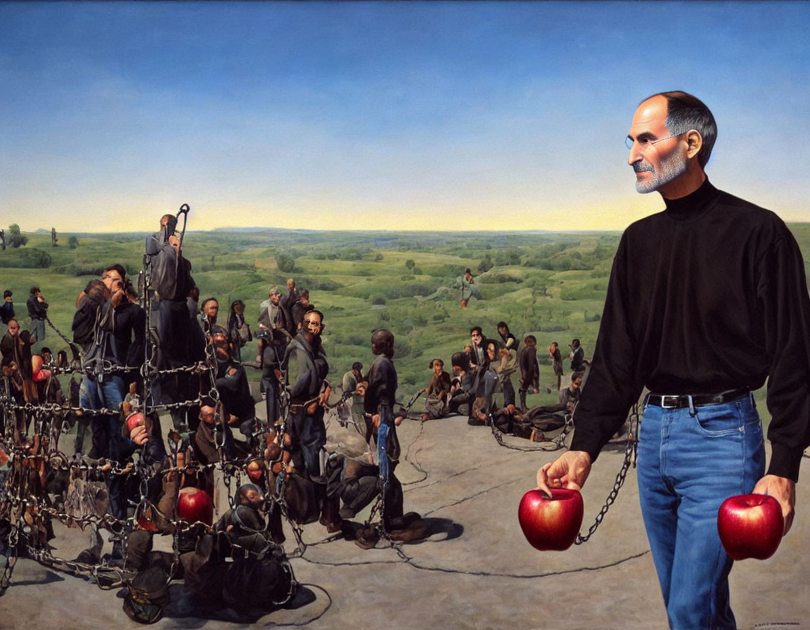 Man resembling Steve Jobs with apple beside people chained to old computers in caricatured illustration